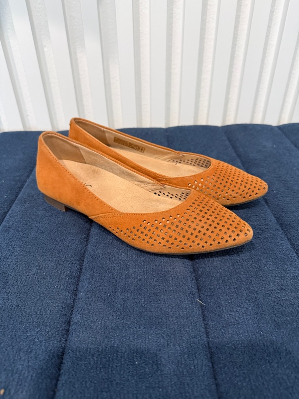 Vionic Pointed Perforated Suede Flats - Tan/Orange